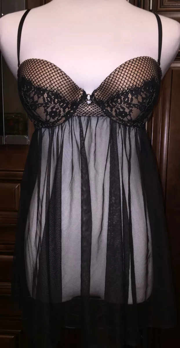 Victoria's Secret Push Up Bra One Piece Black Lace Body roll Nightgown. 34C