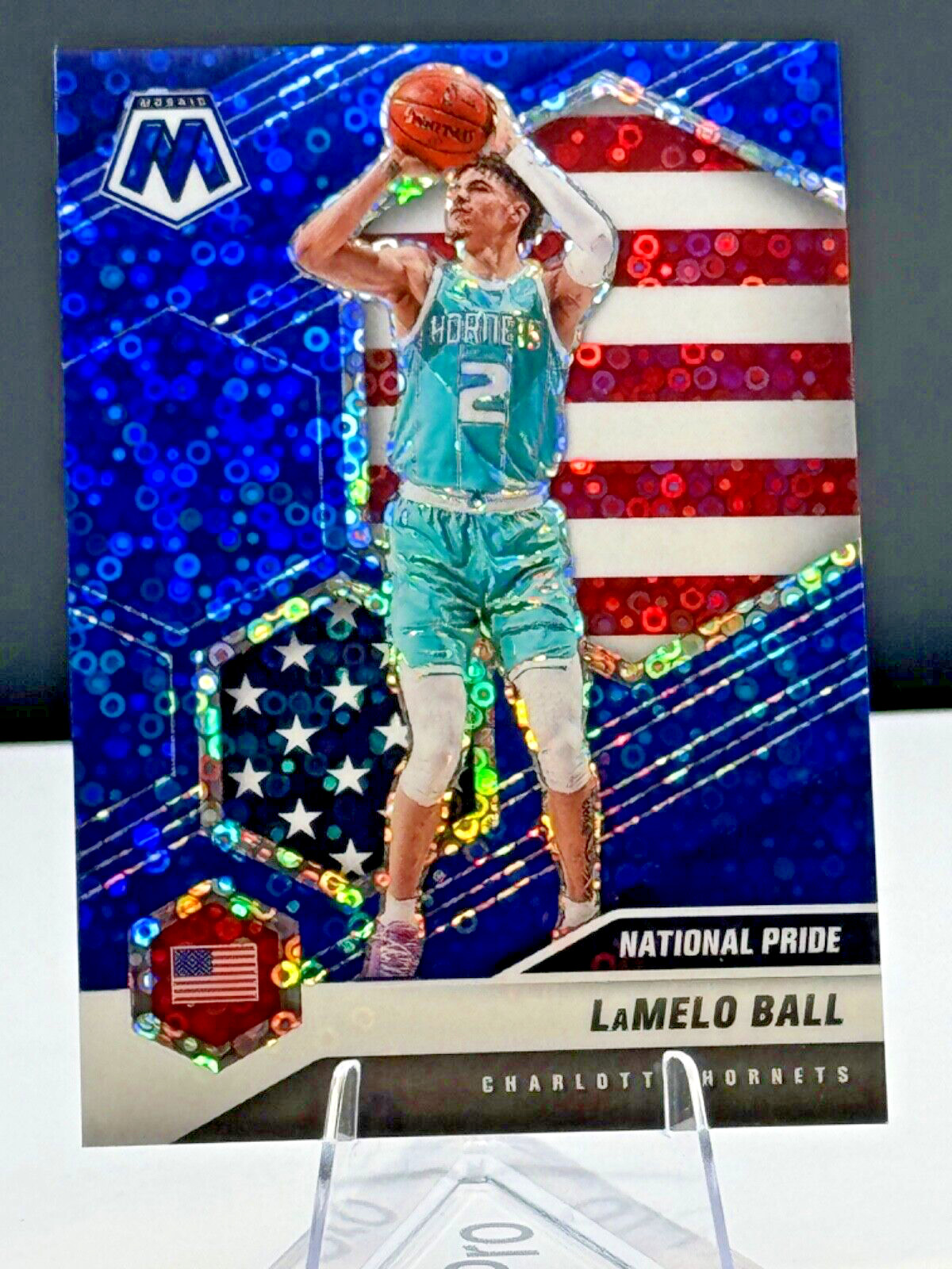 2020-21 Panini Mosaic Lamelo national pride Ball Blue Disco /85 Rookie Hornets