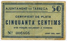 # SPAIN CIVIL WAR 1937 • TARREGA 50 CTS MUNICIPAL ☆ GUERRA CIVIL ESPAÑOLA ☆D1707