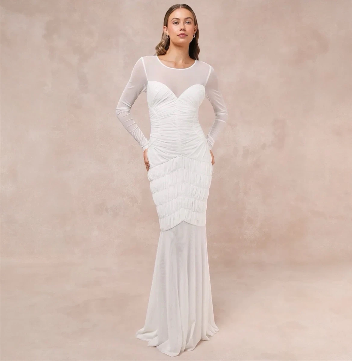 long sleeve party dress Square Neckline Long Sleeve White Chiffon Maxi Party Dress