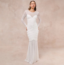 Lulus White Long Sleeve Illusion Neck Sheer Ruched Mermaid Wedding Dress Gown XS