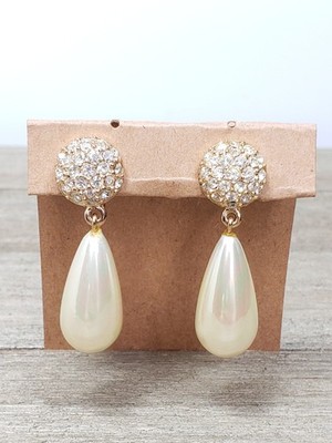 Roma Gold Tone Pave Ceystal Teardrop Faux Cream Pearl Clip On Earrings 1.5''