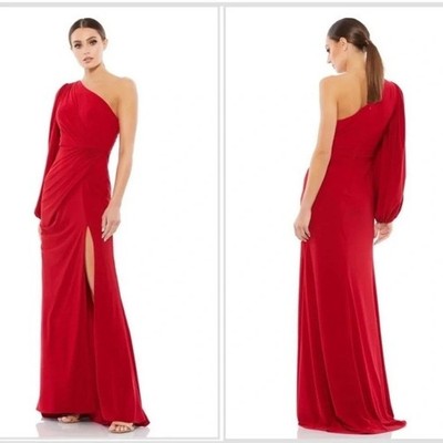 Mac Duggal One Shoulder Puff Sleeve Faux Wrap Dress Size 2