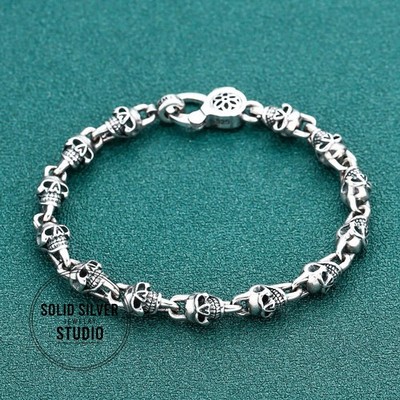 S925 Sterling Silver Men's Skull Bracelet Gothic Skeleton Link Chain 6mm 24g