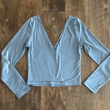 New Womens Deep V Neck Long Sleeve Bodysuit Light Blue Gray Size M Double Lined