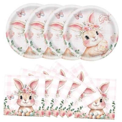 40Pcs Paper Plates and Napkins Party Supplies, Disposable Pink Bunny Easter