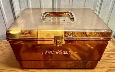Vintage Retro Plastic Amber Sewing Box & Tray Sewing Supply NOS NIP Contents