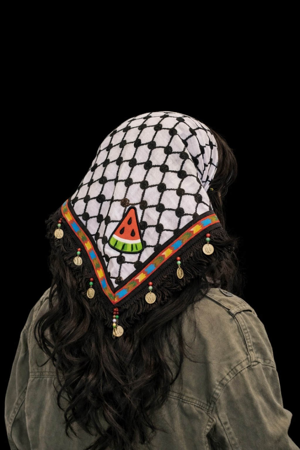 Palestinian scarf Kufiya/Keffiyeh with the watermelon logo tatreez handmade