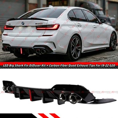 For 2019-22 BMW G20 M Sport VT LED Diffuser Kit + Carbon Fiber Quad Exhaust Tips