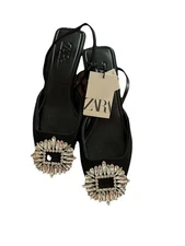Zara Rhinestone Kitten Heel Sling Shoes Women 39 Luxury Glam Goth Formal