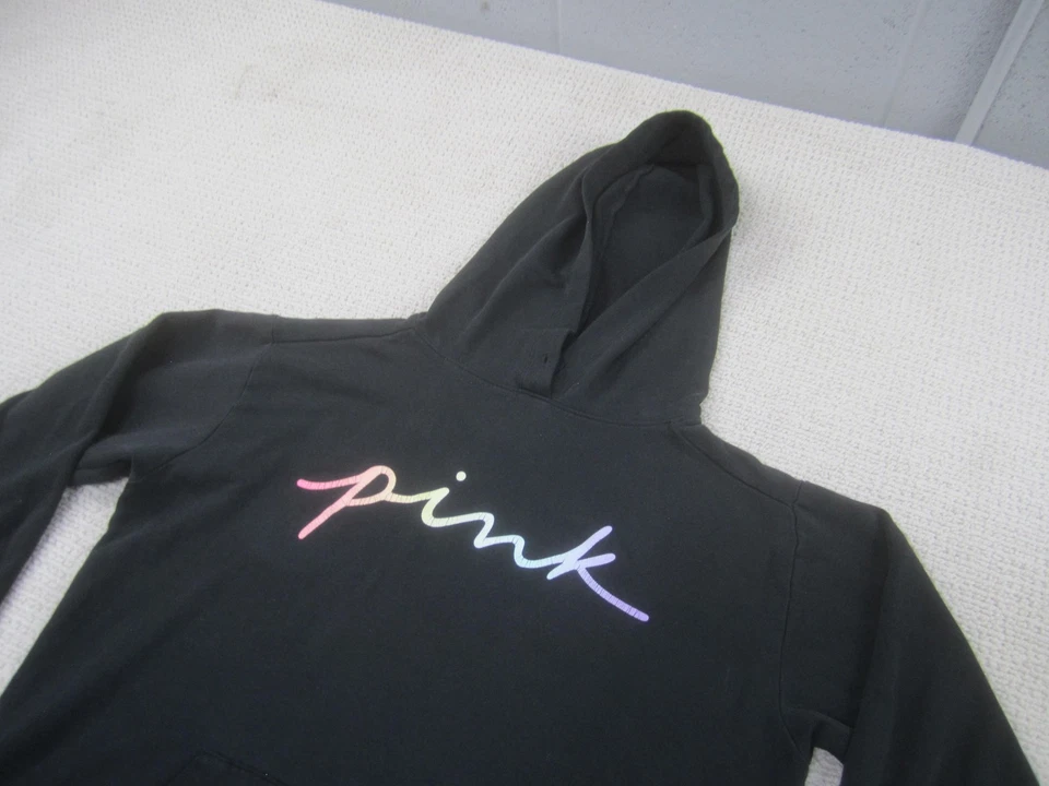 Victoria's Secret Pink Hoodie Womens Large Rainbow Pullover Sweatshirt Black - Image 2 of 4