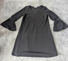 Wallis Black Dress Size 14 V-Neck Bell Sleeve Lace Crochet Inset Shift Mini