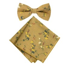 Men's Cotton Floral Print Bow Tie and Pocket Square One Size 73-yellow Mustard