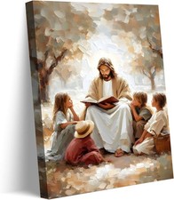 Jesus with Children Canvas Wall Art Watercolor Christian Kids Room Decor