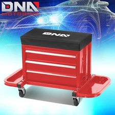 3 Drawer Padded Rolling Mechanic Tool Box Storage Chest Stool Creeper Seat Red