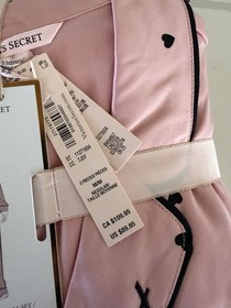 Victoria's Secret Women's Pajama Set Pink Satin Black Hearts & Trim Medium NWT