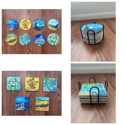 8 Pcs Set Van Gogh Ceramic Coasters Round & Square Cork Back w/ Metal Holder