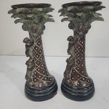 Pair Monkey Palm Tree Pillar Candle Holders 11" Resin Tropical Decor Vintage
