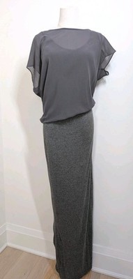 Women's Velvet Grey Jersey And Chiffon Fitted Bottom And Flowy Top Maxi Dress...