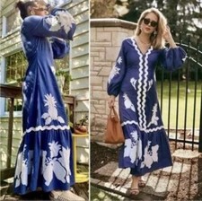 New Farm Rio Anthropologie Blue White Ruffled Tiered Pineapple Maxi Dress XS