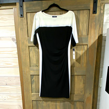 Chaps Black/White Colorblock Ruched Sheath Dress Short Sleeve Size L