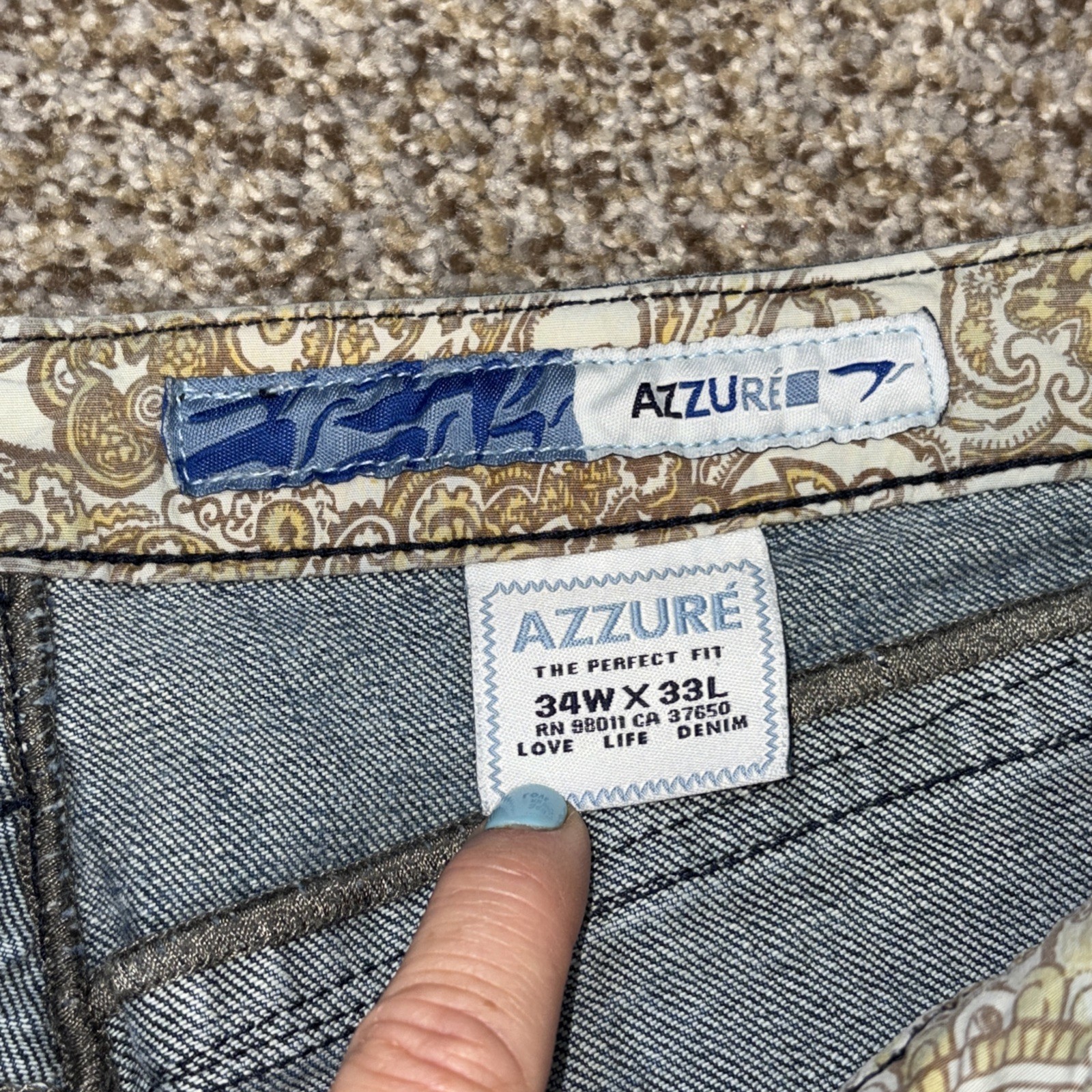 Azzure Love Life Denim Vintage Paisley Pront Jeans Dark Wash 34x33 Fits 36 X 32 - View 5