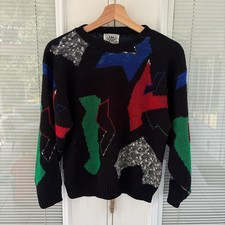 Retro 80s abstract pattern sweater in black and multi-colour retroknitwear