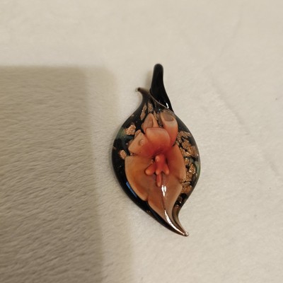 Hand Blown Glass Pink Flower Copper Glitter In Eye Shaped Artisan Pendant