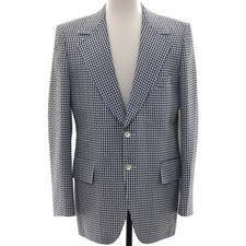 Vintage 70s Men's Large 42R Gray Hilton Navy White Check Blazer Sport Coat USA