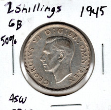 1945 Great Britain 2 Shillings 50% Silver Coin
