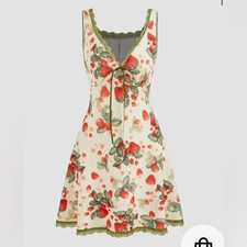 ✨🍓 Cider Strawberry Print Cottagecore Lace Trim Mini Dress S 🍓✨