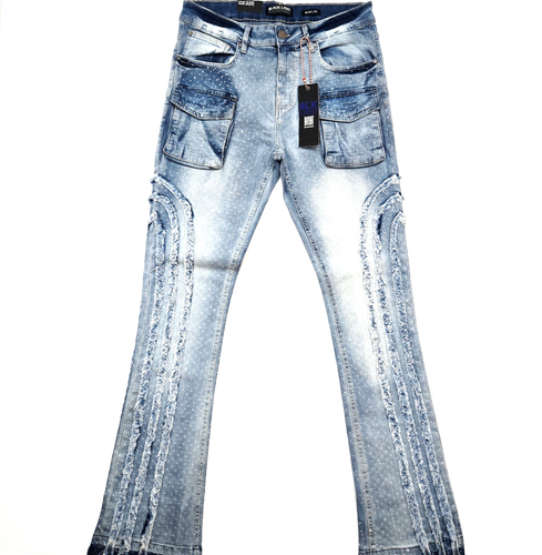 Jean homme noir léger stretch slim coupe droite évasée bleu moyen denim strass - Photo 3/7