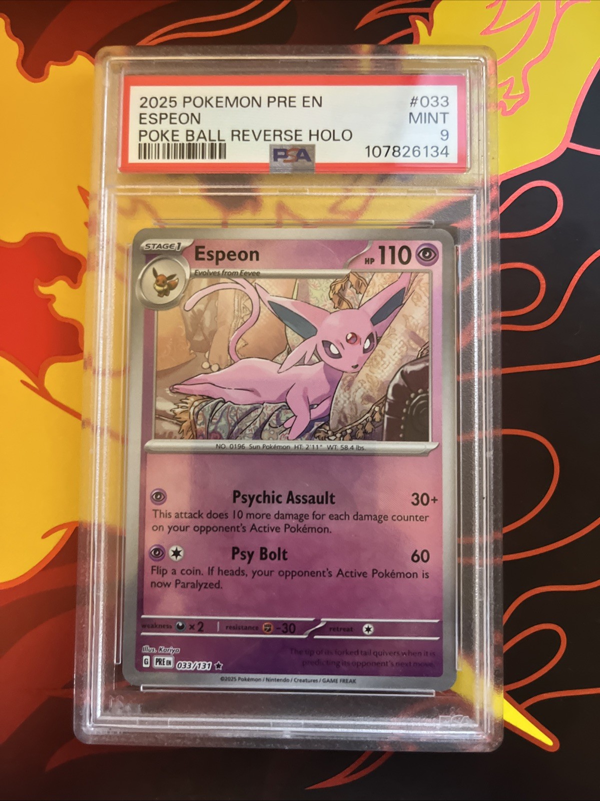 2025 Pokemon Pre En-Prismatic Evolution Poke Ball Reverse Holo #033 Espeon PSA 9