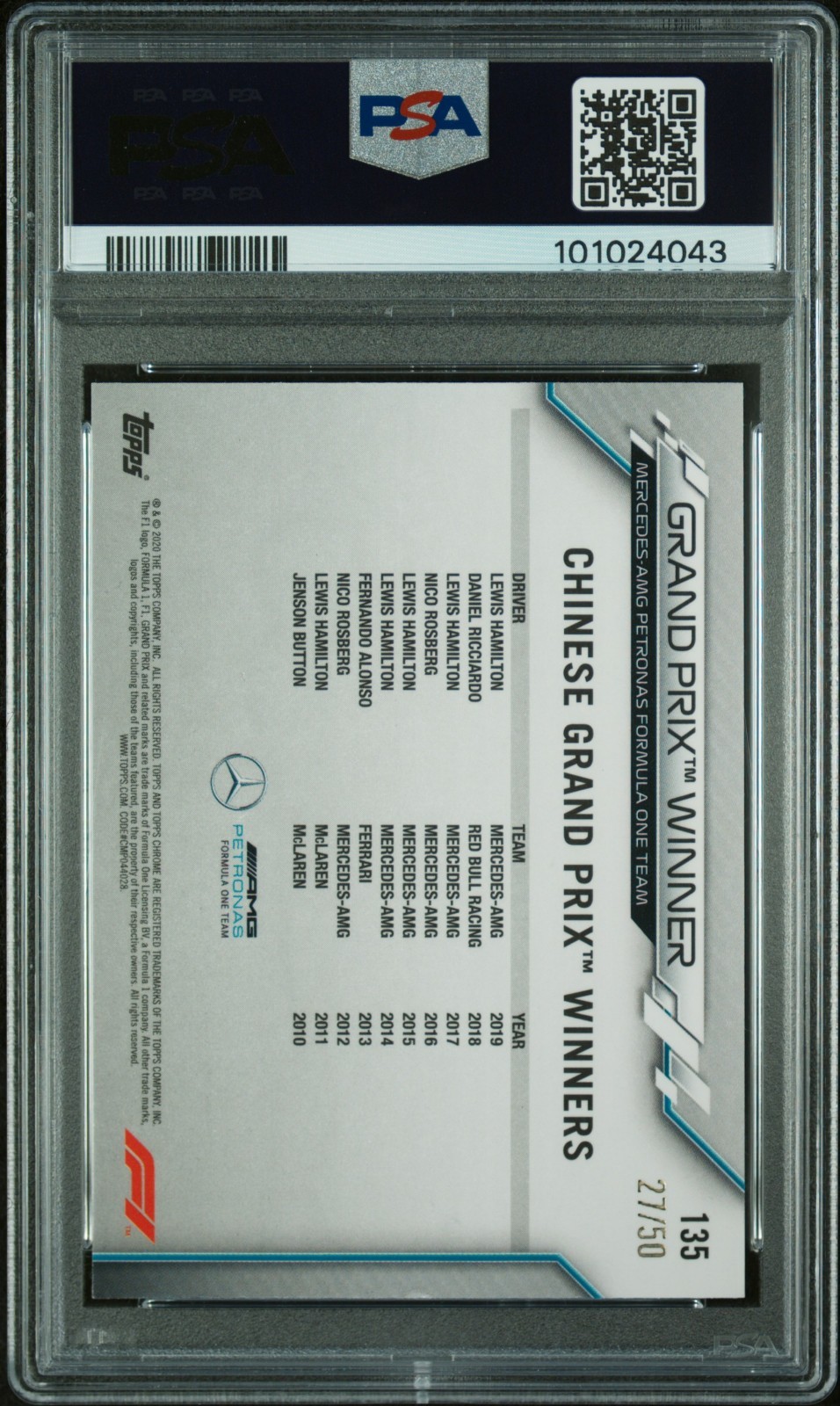 2020 Topps Chrome F1 Lewis Hamilton # 27/50 Gold Wave Refractor RC #135 PSA 8 view 2