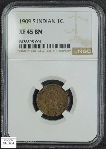 1909 S Indian Head Copper Cent 1C NGC XF 45 BN