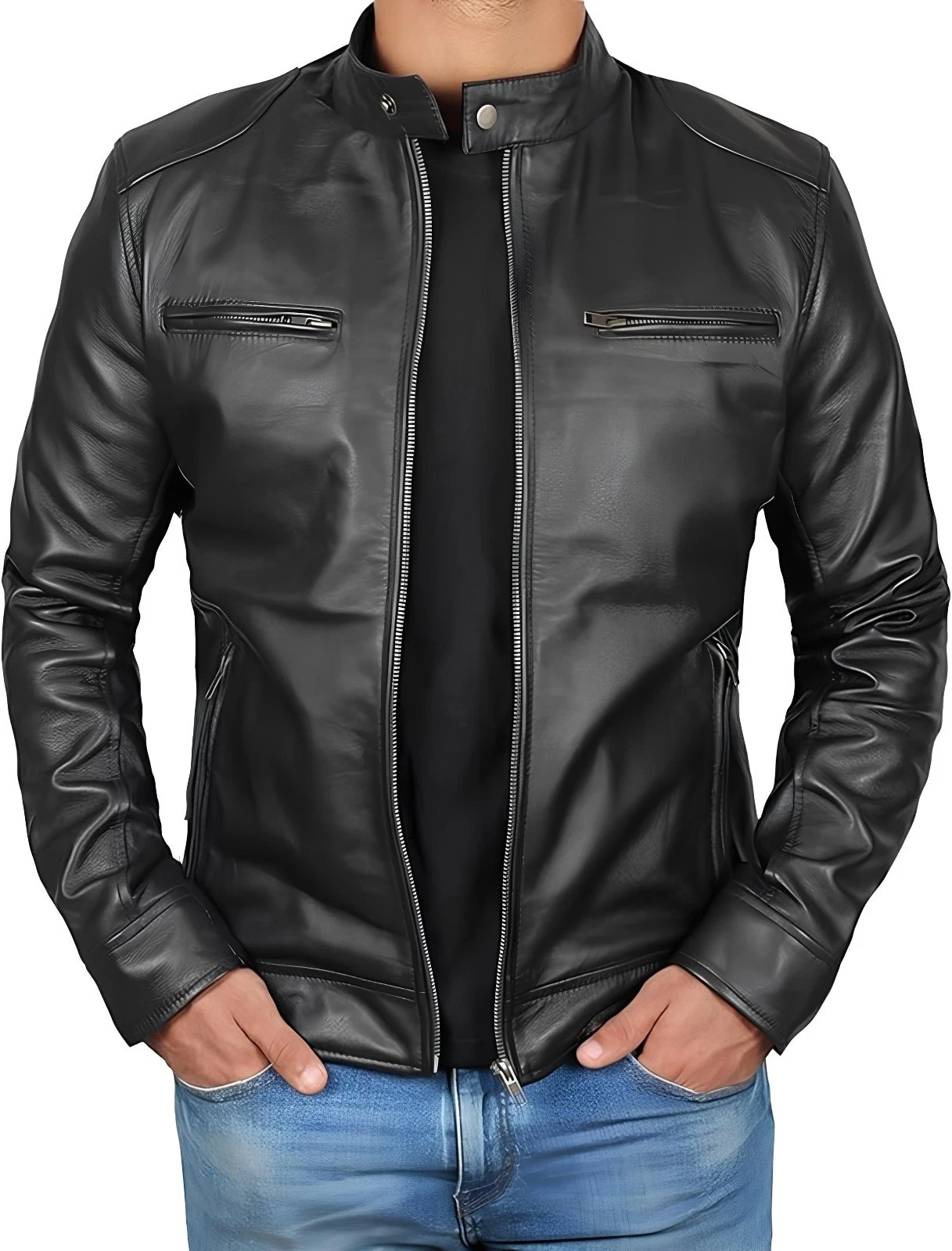 Men's Leather Jacket Black Bomber Biker Genuine Real Coat Motorcycle Lambskin #1