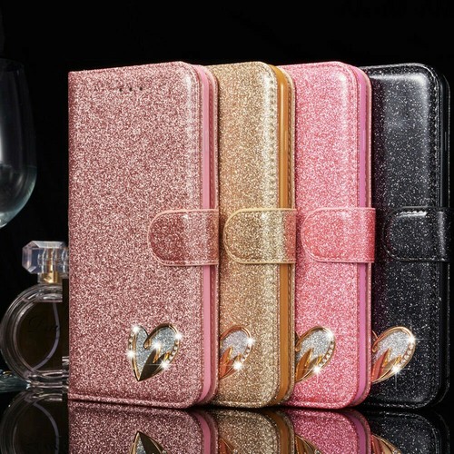 For Samsung S22 Ultra Note20 S9 S8 Leather Bling Heart Wallet Glitter Case Cover - Picture 2 of 41