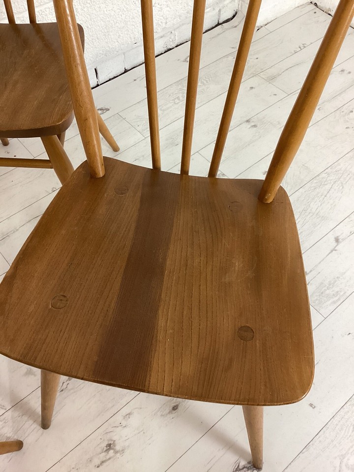 4 X Light Wood Vintage Ercol Stick Back Chairs Model 391 Mid Century