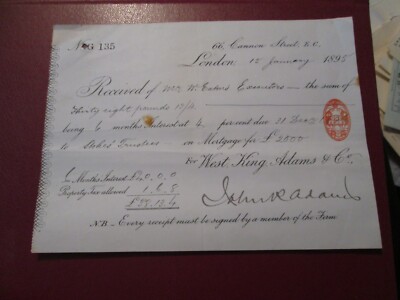 1895 Mrs W Eatons Executors Receipt West King Adams & Co No 135