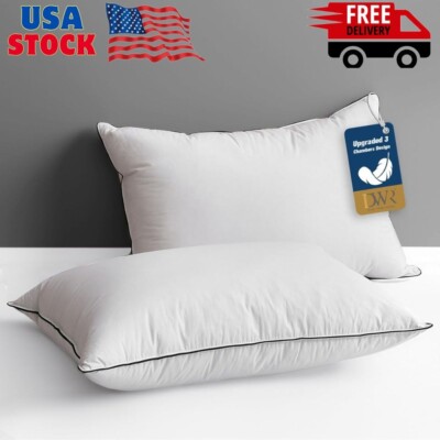 Goose Feather Down Pillow for Sleeping 2 Pack, Queen Size Organic Cotton