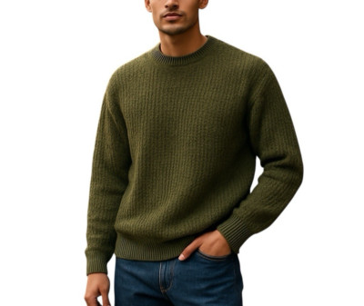 Cabke Knit Universal Thread Long Sleeve Round Neck Pullover Sweater Green Mens L