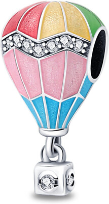 Echt Sterling Silber 925 Rosa Regenbogen Ballon Charm Heißluft Laterne Charm