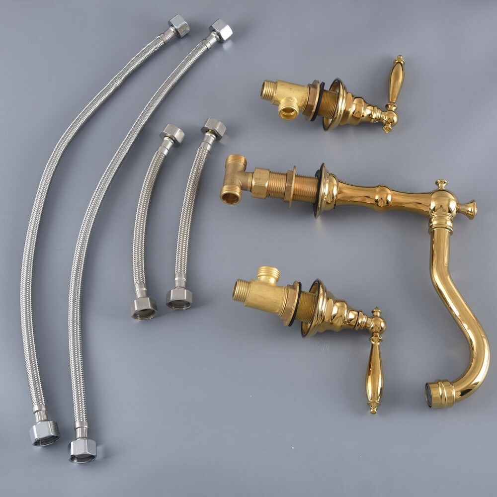 Luxury Gold Brass 3 Holes Bath Tub Mixer Tap Widespread Bathroom Sink