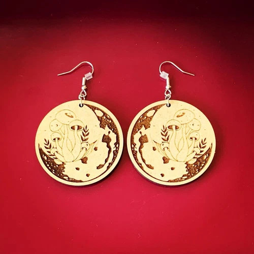 Laser Cut Moon Mushroom Earrings Light Wood