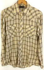 Vtg JcPenney Shirt Mens 15 1/2 Western Cowboy Snap Front Tan Navy Blue Plaid 70s