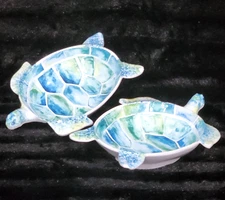 2 Sea Turtle Green Blue Bowls Tiki Beach Bar Tropical Coastal Kitchen Pool Decor