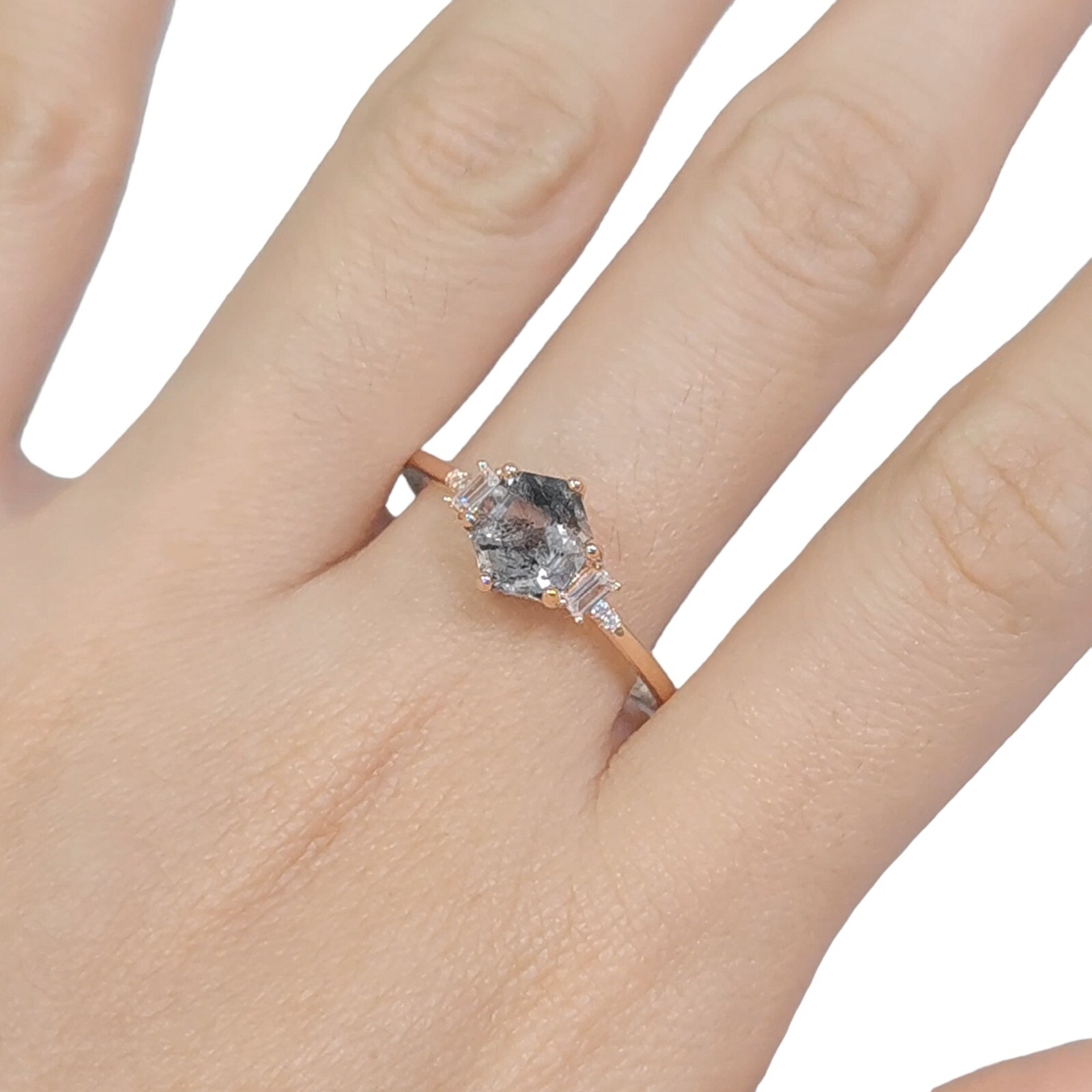 Salt And Pepper Quartz Hexagon 7mm Rose Gold Plated Sterling Silver 925