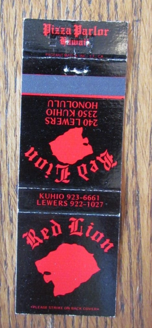 HONOLULU, HAWAII MATCHBOOK COVER RED LION PIZZA PARLOR EMPTY
