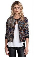 Parker Maverick Dark Floral Silk Bomber Jacket Medium Multicolor Quilted