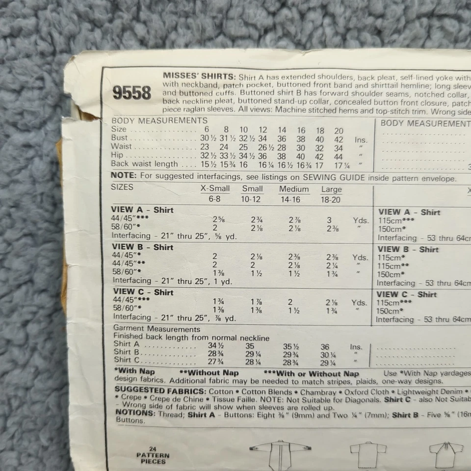 VTG 1985  McCalls 9558 SHIRT Pattern Very Loose Oversize Raglan Size Small - Image 3 of 4